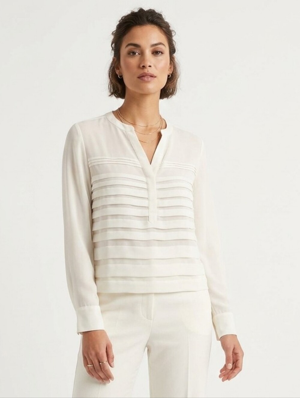 Larry Levine Cream Pintuck-Front V-Neck Blouse